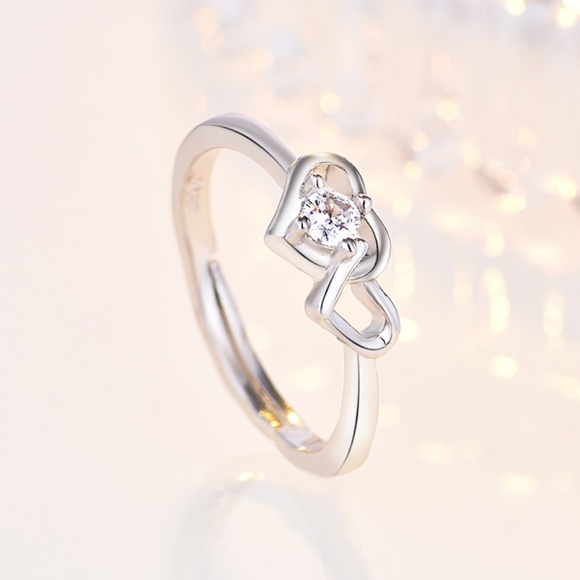 **CHICHI* Silver x Gem Double Heart Adjustable Ring - Picture 6 of 7